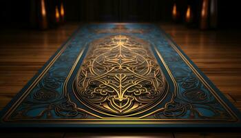 ai généré moderne décor tapis avec sophistiqué noir or et bleu conceptions, eid et Ramadan images photo