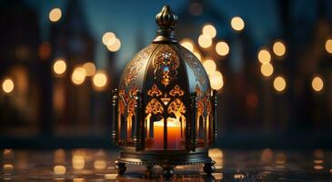 ai généré exquis pendaison lampe avec complexe conception éléments parfait pour élégant décor, eid et Ramadan images photo