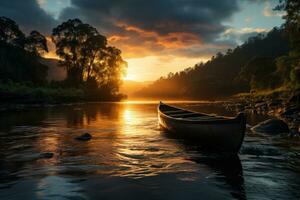 ai généré canoë paisible dérive sur rivière plier, lever du soleil et le coucher du soleil fond d'écran photo