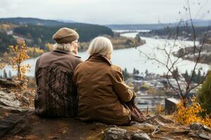 ai généré Sénior duo profiter tranquillité de falaise, actif les personnes âgées mode de vie images photo