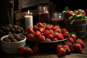 ai généré tissé paniers débordé avec Lait Chocolat plongé des fraises dans une ferme paramètre, engagement, mariage et anniversaire image photo