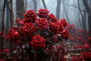 ai généré rouge des roses masqué dans mystère et charme, Valentin, sortir ensemble et l'amour proposition image photo