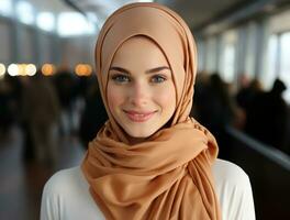 ai généré portrait de une Jeune et habilité hijabi femme à la recherche directement dans le lentille, eid et Ramadan images photo