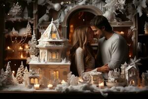 ai généré couple fête par le cheminée avec flocon de neige et stalactite décor, engagement, mariage et anniversaire image photo