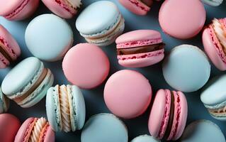 ai généré Frais sucré coloré rose et bleu macarons crème. fait maison boulangerie avec dessert et aliments. ai généré photo