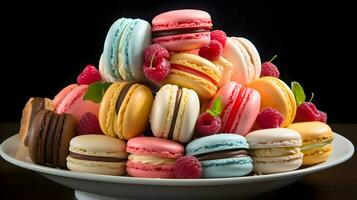 ai généré Frais sucré coloré macarons crème avec baie Garniture sur. fait maison boulangerie avec dessert et aliments. ai généré photo