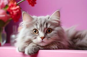 ai généré mignonne Perse blanc chat longue fourrure sur rose Contexte. ai généré photo