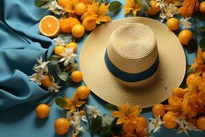 ai généré Soleil chapeau élégant des sandales des lunettes de soleil sur bleu, été paysage image photo