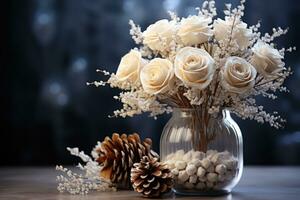 ai généré givré verre table avec élégant blanc des roses pommes de pin et argent décor, Valentin, sortir ensemble et l'amour proposition image photo