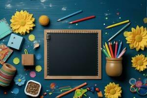 ai généré de bonne humeur école essentiel et une fleur tableau noir ensemble le étape pour une amusement apprentissage expérience sur une bleu arrière-plan, éducatif photo