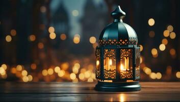 ai généré exquis d'or arabe lampe et bougie lueur dans unisson, eid et Ramadan images photo