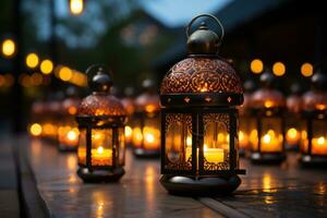 ai généré islamique lanterne avec magnifique bokeh lumière afficher, eid et Ramadan images photo