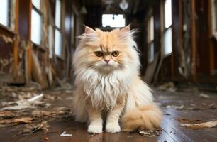 ai généré une persan chat est en colère tandis que assise sur une en bois sol, animal de compagnie photo