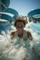 ai généré fougueux garçon ravissant dans une parc aquatique aventure dans Israël, magnifique été photo