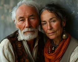 ai généré personnes âgées couple joyeux pose sur une gris mur, actif les personnes âgées mode de vie images photo