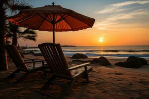 ai généré salon chaises et parapluies dans le le coucher du soleil briller, relaxant été scène photo