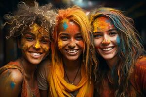 ai généré copains partager rire dans Holi festivités, Holi Festival image Télécharger photo