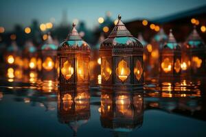 ai généré iftar lanternes moulage une paisible réflexion dans calme des eaux, eid et Ramadan images photo