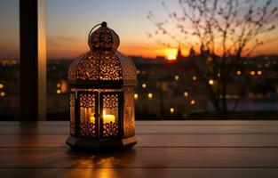 ai généré une lanterne moulage chaud lumière dans le crépuscule, eid et Ramadan images photo
