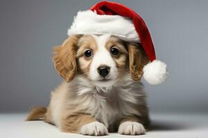 ai généré une mignonne chiot dans une Père Noël chapeau assise contre une blanc arrière-plan, animal de compagnie photo