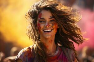 ai généré femme dans traditionnel Indien costume avec Holi peindre, Holi Festival image Télécharger photo