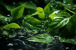ai généré abstrait vert feuilles dans une étourdissant l'eau toile, aller vert images photo