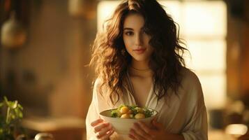 ai généré femme en portant légume assiette dans de face de fenêtre photo