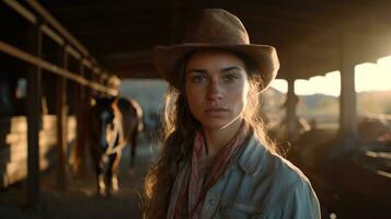 ai généré Jeune fille sur le ferme portant une cow-boy chapeau. génératif ai photo