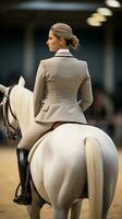 ai généré une femelle la personne dans une dressage costume sur une blanc cheval photo