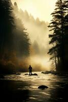 ai généré homme pêche dans une brumeux lac. génératif ai photo