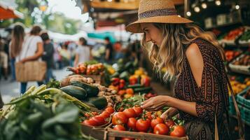 ai généré une femelle client examiner Frais des fruits et des légumes à une animé Les agriculteurs marché photo