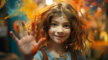 ai généré une peu fille est célébrer avec coloré peindre sur sa mains photo