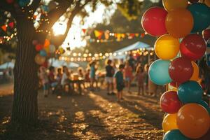 ai généré une enfants anniversaire fête est ensemble en haut dans une local parc. photo