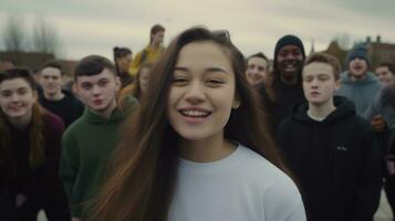 ai généré groupe photo de adolescent copains avec une fille dans le premier plan