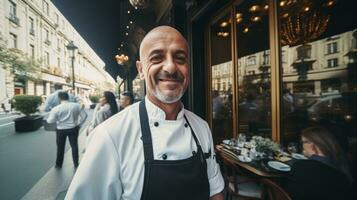 ai généré chef permanent sur le rue dans de face de une restaurant. génératif ai photo