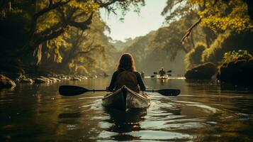 ai généré femme pagayer une canoë sur une calme Lac photo