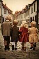 ai généré retour vue photo de Jeune les enfants sur une historique rue