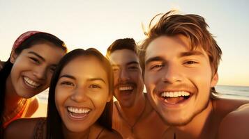 ai généré groupe de copains ayant amusement ensemble sur le plage. génératif ai photo