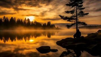 ai généré homme pêche dans une brumeux lac. génératif ai photo