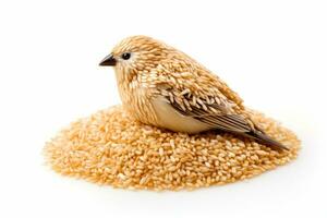 ai généré oiseau fabriqué de blanc sésame des graines et perché sur une pile de graines, isolé sur une blanc Contexte photo