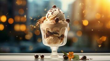 ai généré Chocolat la glace crème surmonté avec Chocolat pièces dans transparent verre sur foncé flou Contexte avec bokeh. idéal pour dessert menu, nourriture Blog, publicité, magazine, recette livre photo