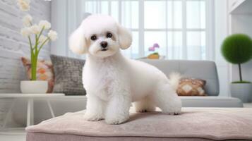 ai généré une mignonne blanc bichon frise chiot repos sur une canapé dans une bien éclairé vivant pièce paramètre. adapté pour contenu en relation à animaux domestiques, Accueil vie, et confort. photo