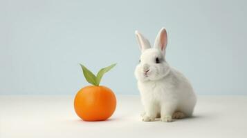 ai généré blanc lapin et Orange sur une lumière bleu Contexte. avec copie espace. idéal pour animal de compagnie, nourriture, ou liés à la santé contenu photo