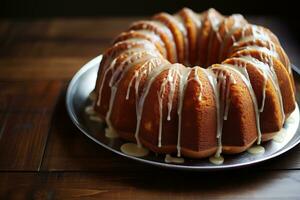 ai généré magnifique parfait fait maison bundt gâteau dessert sur une dîner table photo