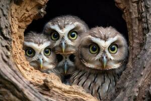 ai généré peu chouettes dans une nid, fermer, sélectif se concentrer, une famille de chouettes peering en dehors de leur arbre creux, ai généré photo