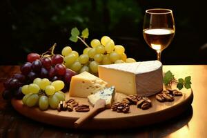 ai généré fromage assiette avec raisins, des noisettes et une verre de blanc vin, une fromage plat avec raisins, des noisettes et vin, ai généré photo