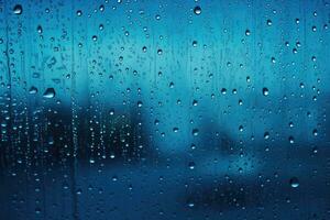 gouttes de pluie sur le verre avec ville lumières dans le arrière-plan, abstrait arrière-plan, gouttes de pluie sur le fenêtre, bleu Ton, ai généré photo