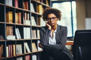 ai généré portrait de sérieux africain américain femme d'affaires séance dans bibliothèque, retour douleur mal posture femme séance à bureau, ai généré photo