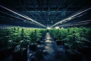 ai généré Lignes de marijuana les plantes croissance dans une serre avec néon lumières, ai généré photo