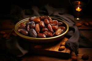 ai généré Rendez-vous dans une bol sur une en bois Contexte. sélectif se concentrer, séché Date paume des fruits ou Kurma, Ramadan, ai généré photo